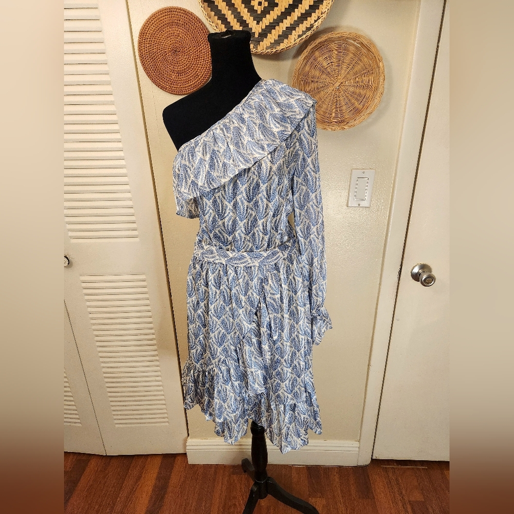 LAST ONE! White and Blue One Sleeve Ruffle Mini Dress With Wrap - Picture 7 of 13